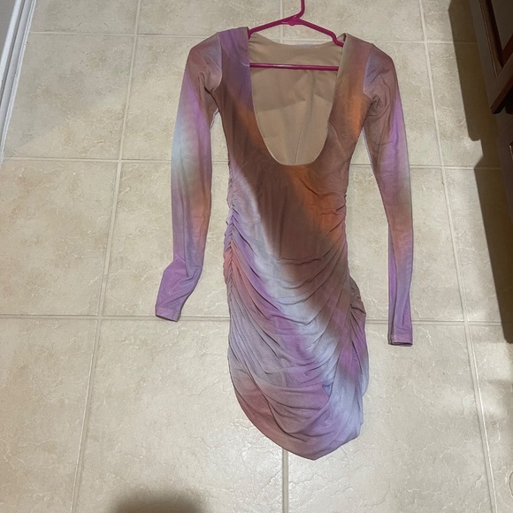 AFRM Maya Purple Mesh Motif Ruched Long Sleeve Mini Dress – Women’s Size XS - Picture 12 of 13